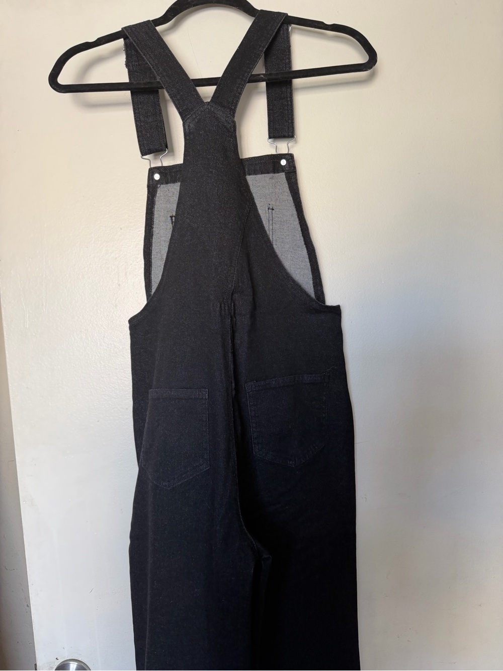 XS Dark Wash Cropped Wide Leg Denim Overalls Raw Hem Stretch Jumpsuit - Picture 7 of 10